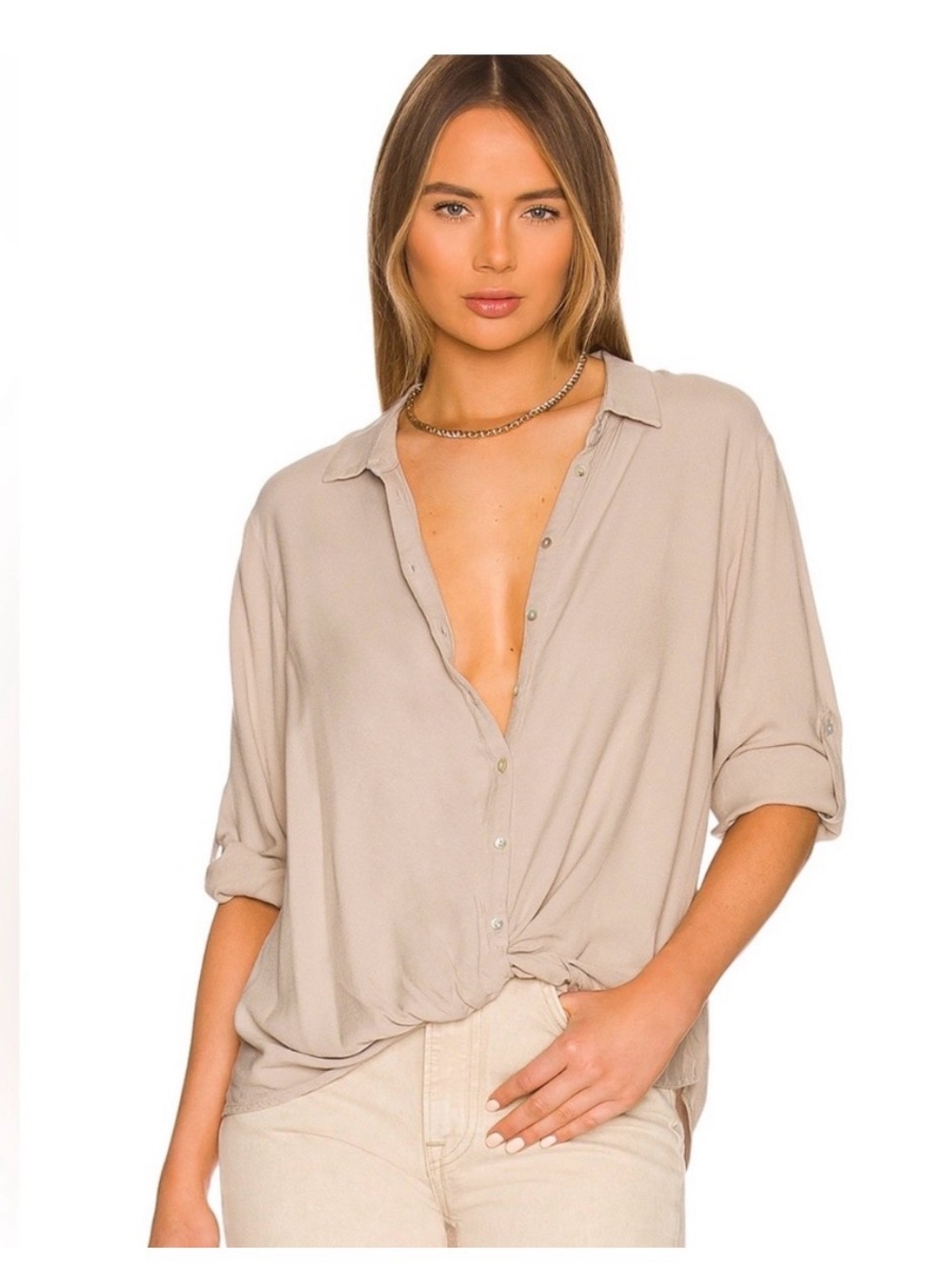 bobi Button Up Tee Shirt Tan Small EUC